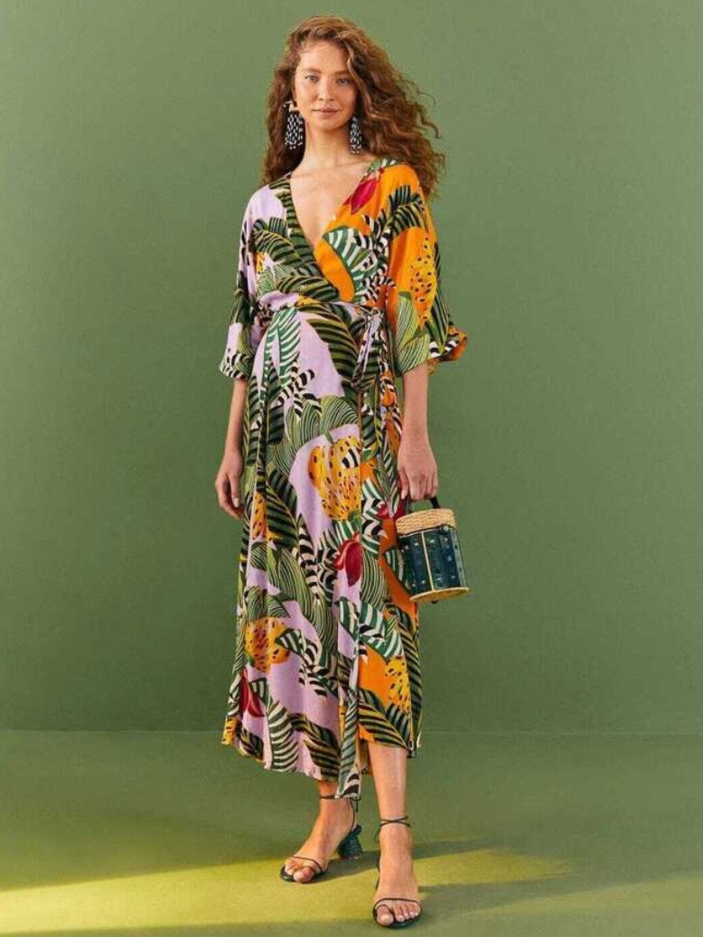 FARM RIO Mixed Striped Bananas Maxi Wrap Dress Size Small